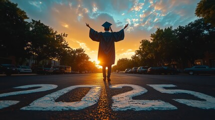 Graduation celebration at sunset, a proud student embraces the future ahead.