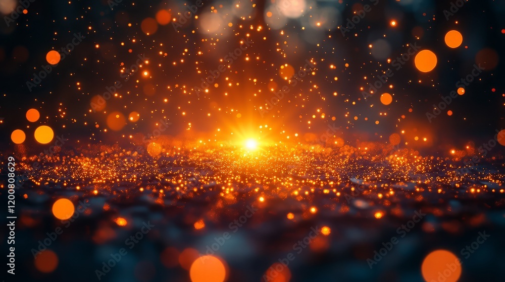 Poster illuminating particles glisten in a dark atmosphere, creating a mesmerizing effect.