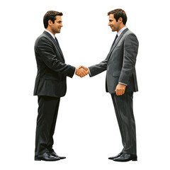 Two men in suits shake hands, symbolizing a business deal or agreement.