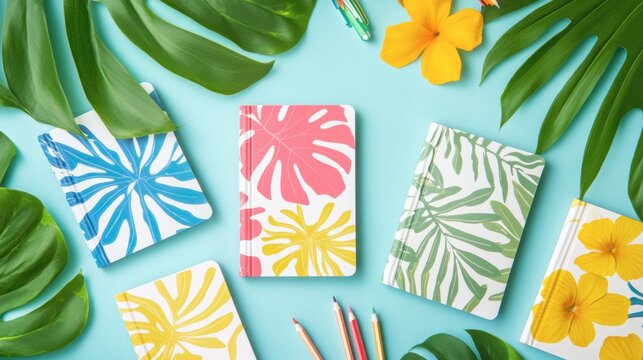 A fun and quirky flat lay with playful notebooks and novelty pencils arranged on a bright, cheerful background.