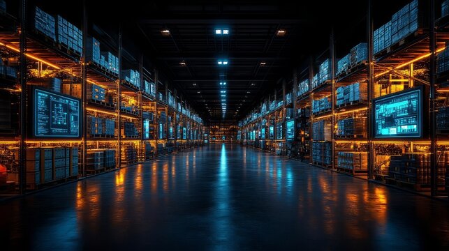Modern industrial warehouse with illuminated shelves and high-tech inventory systems.