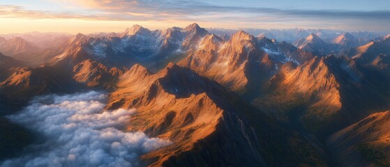 Majestic mountain landscape at sunrise with golden light illuminating peaks and clouds below