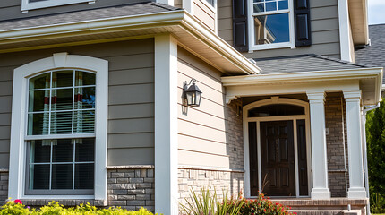 Modern House Exterior Design: Brick, Stone, and Siding Details. A stunning contemporary home with a beautiful facade, entrance, and landscaping.