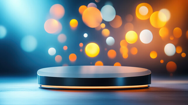 sleek black stage with colorful bokeh lights in background