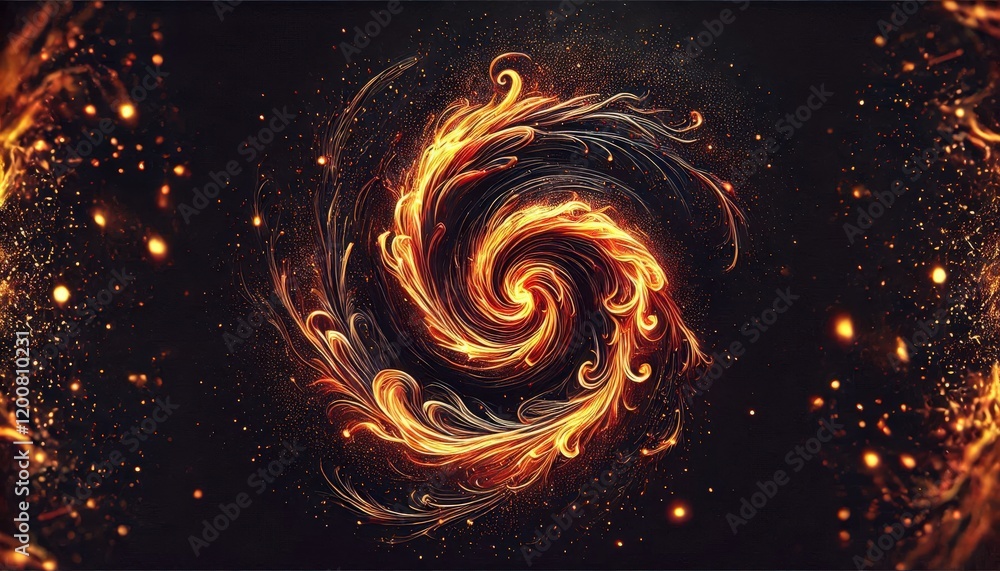 Poster an abstract, swirling vortex of golden fire and particles on a dark background...concept: abstract a