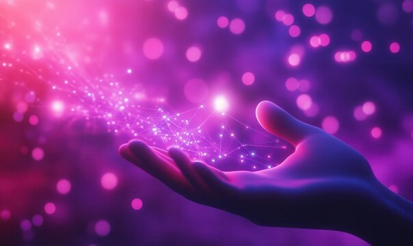Hand holding network, glowing, abstract, purple bokeh background, digital concept