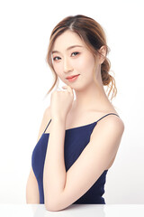 Fototapeta premium Beautiful young asian woman with clean fresh skin on white background, Face care, Facial treatment, Cosmetology, beauty and spa, Asian women portrait.