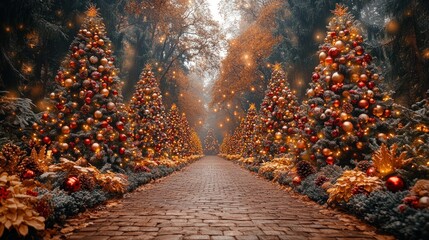 Enchanted Holiday Pathway with Festive Christmas Trees in a Forest Setting