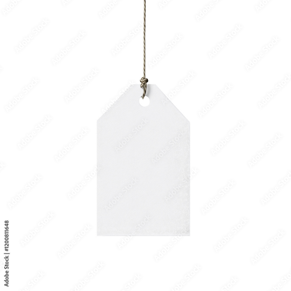 Aufkleber a minimalist image showing a blank white tag hanging from a piece of twine against a light gray back