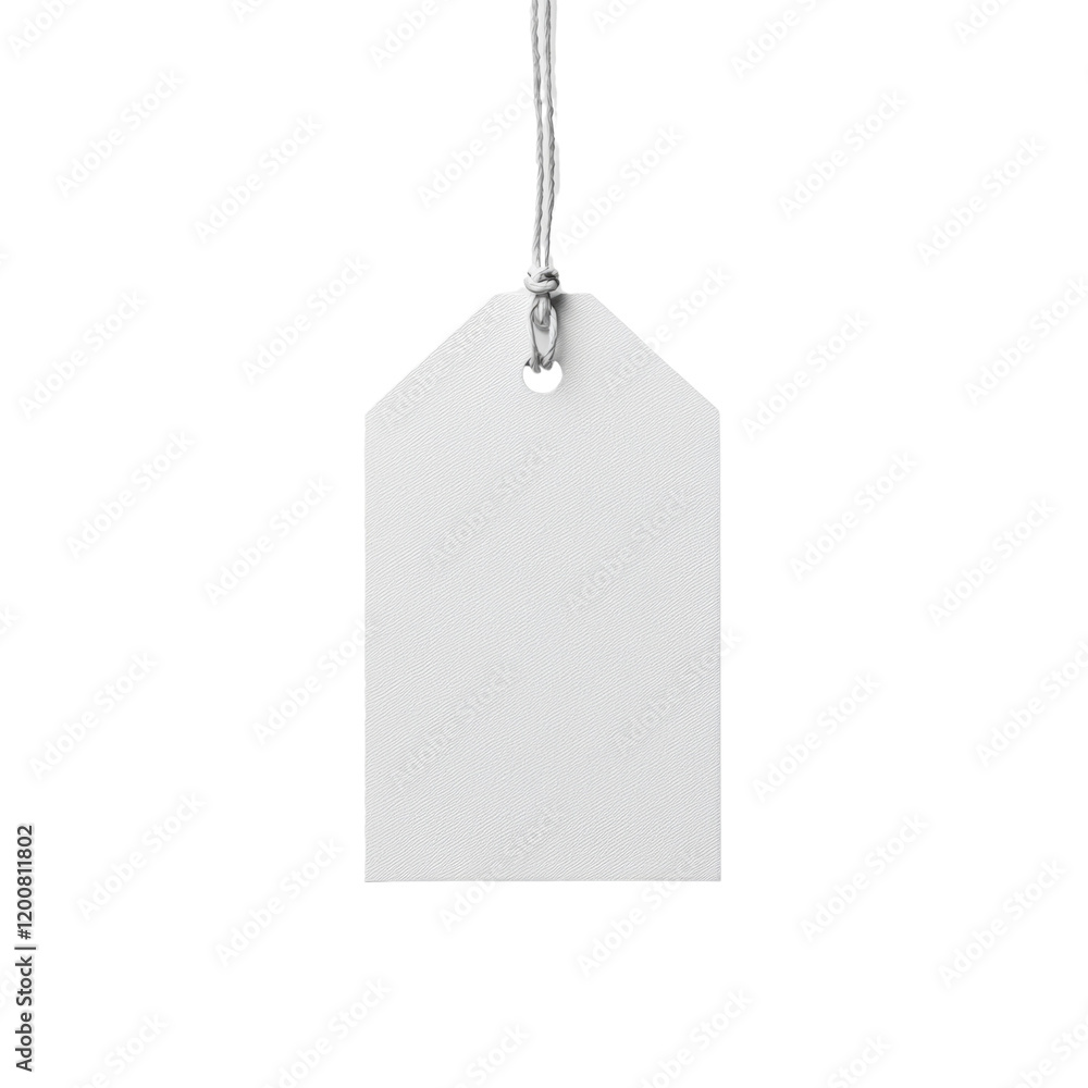 Poster A single blank white tag hangs from a string against a plain white background, showcasing a simple and clean design ideal for mockups.