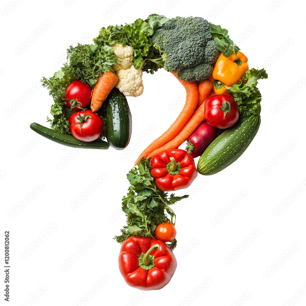 Aufkleber an assortment of fresh vegetables artfully arranged to form a question mark.