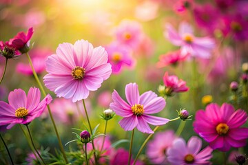 Obraz premium Enchanting miniature cosmos bloom in a tilt-shift garden scene.