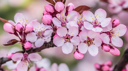 Naklejka premium Pink Blossom Delights: Close-up view of delicate pink blossoms on a branch, showcasing the intricate details of the petals and the soft, pastel hues. A perfect representation of springtime beauty.