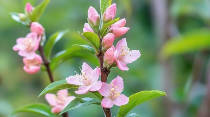 Obraz premium Pink Flower Blossom Closeup: Delicate pink flowers in full bloom, showcasing their intricate details against a soft green backdrop. A vibrant image celebrating the beauty of spring. 