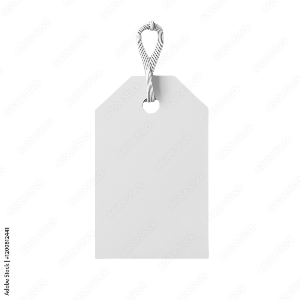 Poster A plain white rectangular tag with a hole and a twisted white string is hanging against a white background.