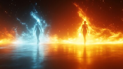 Obraz premium Two Women Embodied By Ice And Fire Walking Towards Each Other