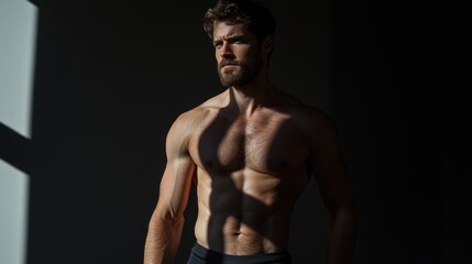 Fototapeta premium A man with a beard and a muscular chest stands in a dark room