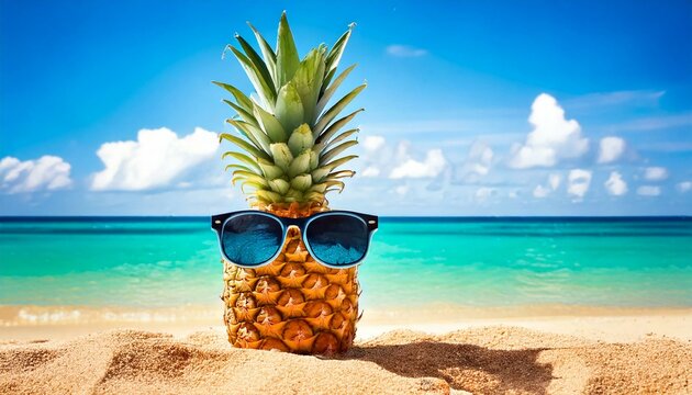 Funny pineapple in sunglasses on the beach.