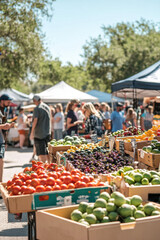 Vibrant farmer's market with diverse produce displays, bustling with shoppers on a sunny day.