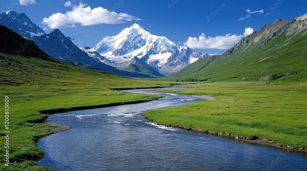 Poster a mountain range with a river running through it
