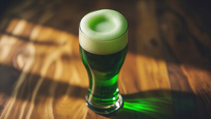 Green beer in a glass on a wooden table. Close-up. St. Patrick's Day