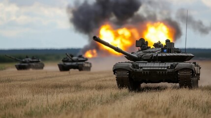Three tanks are in a field, one of which is on fire