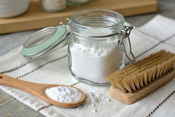 Jar of baking soda with brush and spoon. Eco-friendly cleaning tool