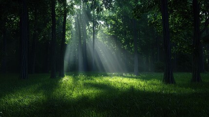 Fototapeta premium A forest with sunlight shining through the trees