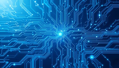 Abstract Futuristic Technology Background: Glowing Blue Circuit Board Pattern, High-Tech Digital Network Concept