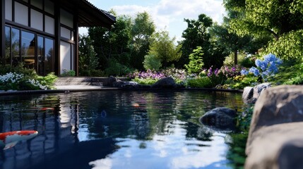Naklejka premium A beautiful garden with a pond and a house in the background