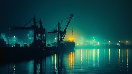 Obraz premium A quiet corner of a harbor at night with a single crane, cargo ship, and the reflections of lights on the rippling water.