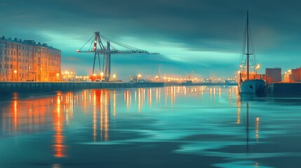 Fototapeta premium A quiet corner of a harbor at night with a single crane, cargo ship, and the reflections of lights on the rippling water.