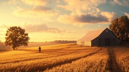 Golden Sunset Over Wheat Field With Barn And Farmer