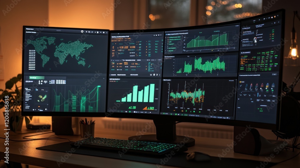 Poster global market data analytics: real-time financial monitoring on triple monitor setup