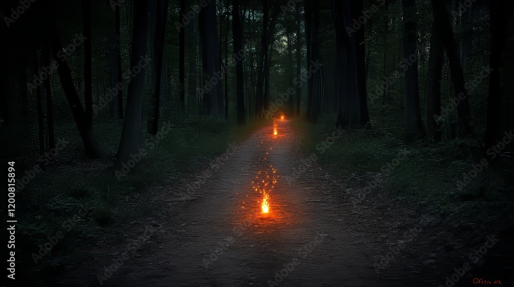 Poster enchanting forest path illuminated by firelights