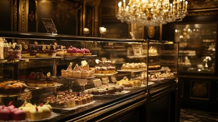 A rich assortment of desserts displayed in a glass case, with a luxurious chandelier overhead in an exclusive patisserie.
