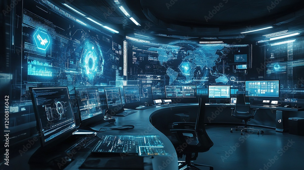 Poster advanced high-tech it office with futuristic technology setup