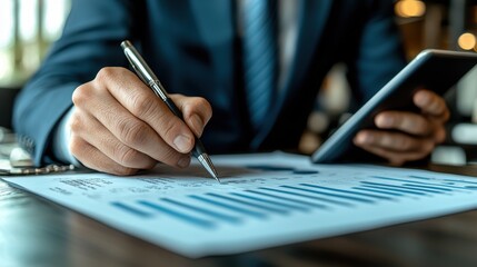 Close-up of a businessman’s hand holding a pen while analyzing financial data on documents, with a smartphone in the other hand, symbolizing decision-making and professional focus.