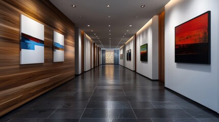 Obraz premium A long hallway with three paintings on the wall