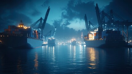 Fototapeta premium A serene nighttime harbor with cargo ships and cranes, the calm waters reflecting the glow of the city's lights in the distance.