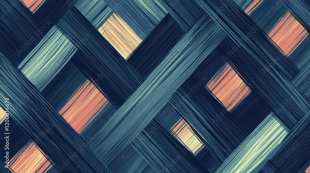 Poster abstract woven pattern with diagonal lines and textured squares in teal, peach, and beige.
