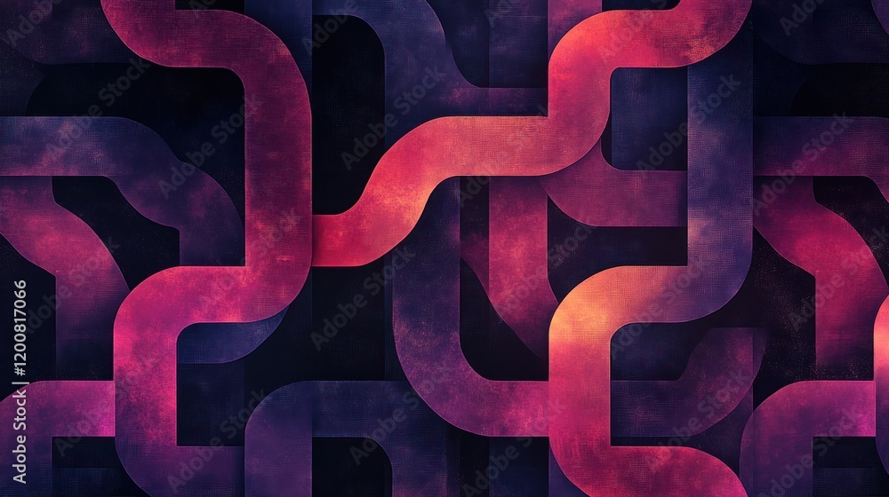 Poster abstract background with intertwined curved lines in shades of pink and purple on a dark textured ba