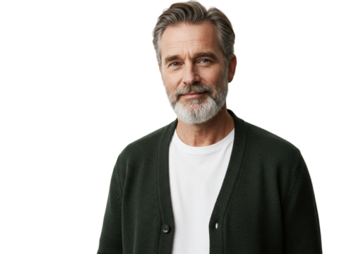 Mature Man Portrait Smiling Happy Green Cardigan Casual Style male face hair adult model beard      