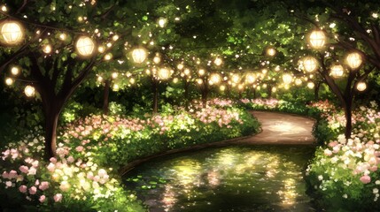 Enchanting Garden Path with Illuminated Trees and Flowers