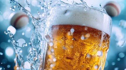 Baseball player hitting ball with baseball and glass of beer,Slow motion Baseball ball flying with stadium background concept of strength,home run,baseball field with grandstand.