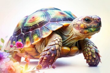Obraz premium Intricate shell texture revealed in a double exposure tortoise portrait, stark white backdrop.