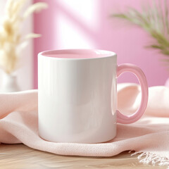 mockup of a 11oz white mug with light pink handle and light pink interior, pink in the background, cozy atmosphere,