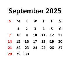 September  2025. Calendar with holydays or red dates. monthly calendar design with week starts on sunday. printable, simple, and clean vector design isolated on white background.