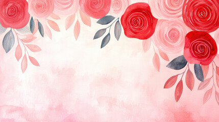Watercolor floral banner with vibrant red roses, soft pink background, and delicate leaves