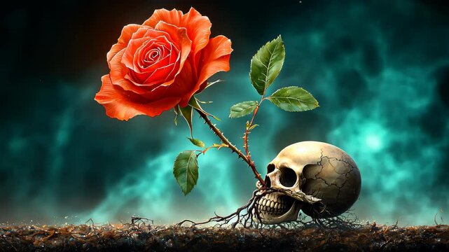 A dark and macabre illustration featuring a vibrant red rose intertwined with a sinister skull, symbolizing the delicate balance between life and death.